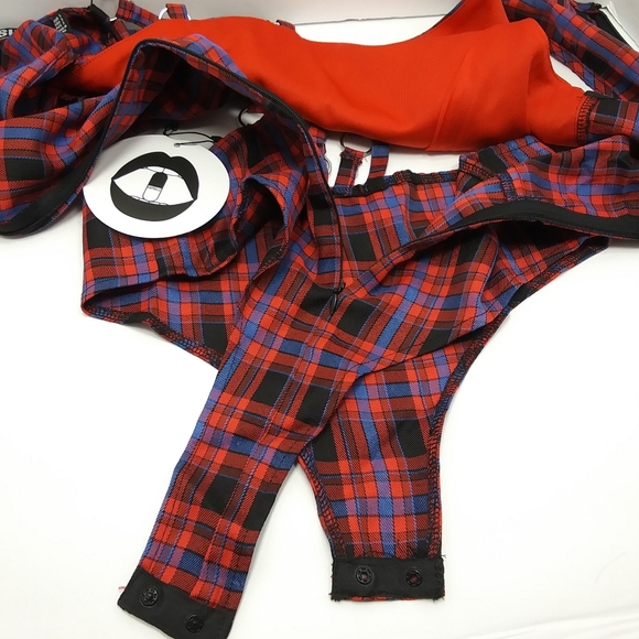 DOLLS KILL Silky Lined Red Plaid Bodysuit w Straps & O-Rings NWT Sz S - Picture 16 of 16